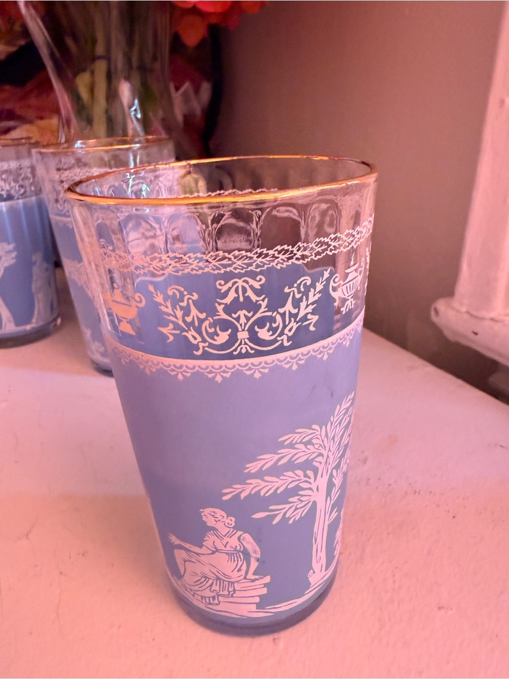 Vintage Jeannette Hellenic Blue Greek Tall Tumblers – Set of 4